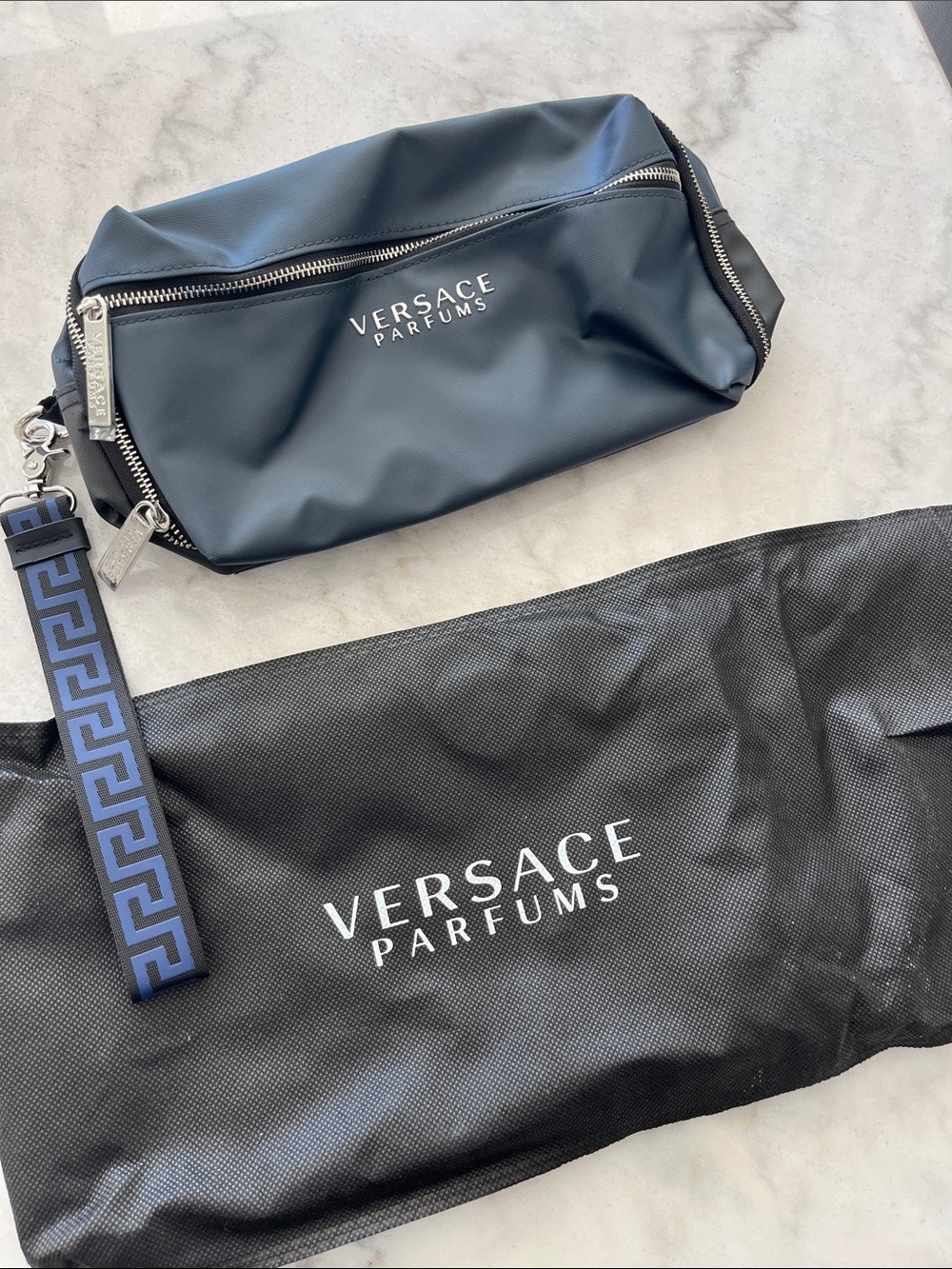 Men's Versace Navy Toiletry Bag with Branded Strap